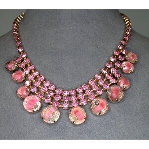 Vintage Pink Rhinestone Choker Necklace With Gold-Tone Chain & Crystal Accents